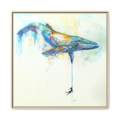 By a Thread humpback whale painting by Mike Savlen in a natural wood frame — ocean fine art print