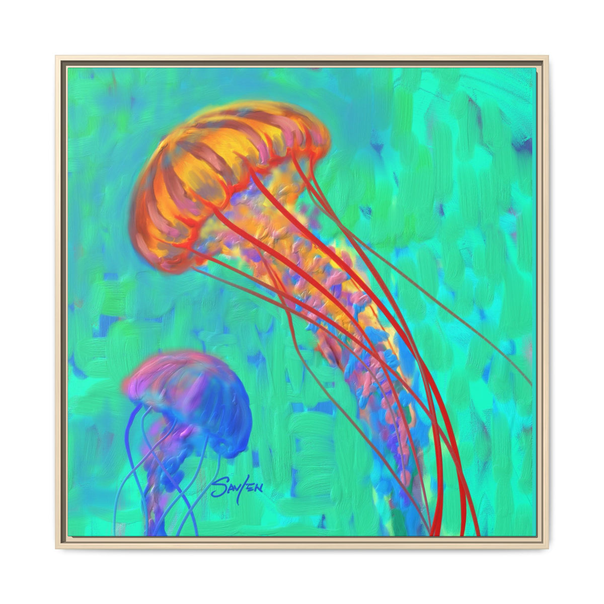 Colorful jellyfish art print by Mike Savlen in a natural wood frame