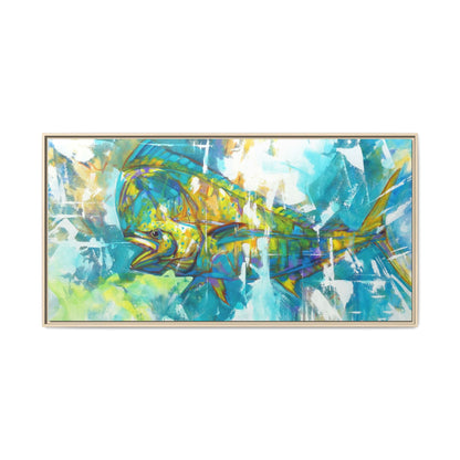 Toro mahi-mahi painting by Mike Savlen in a natural wood frame — offshore fishing art print