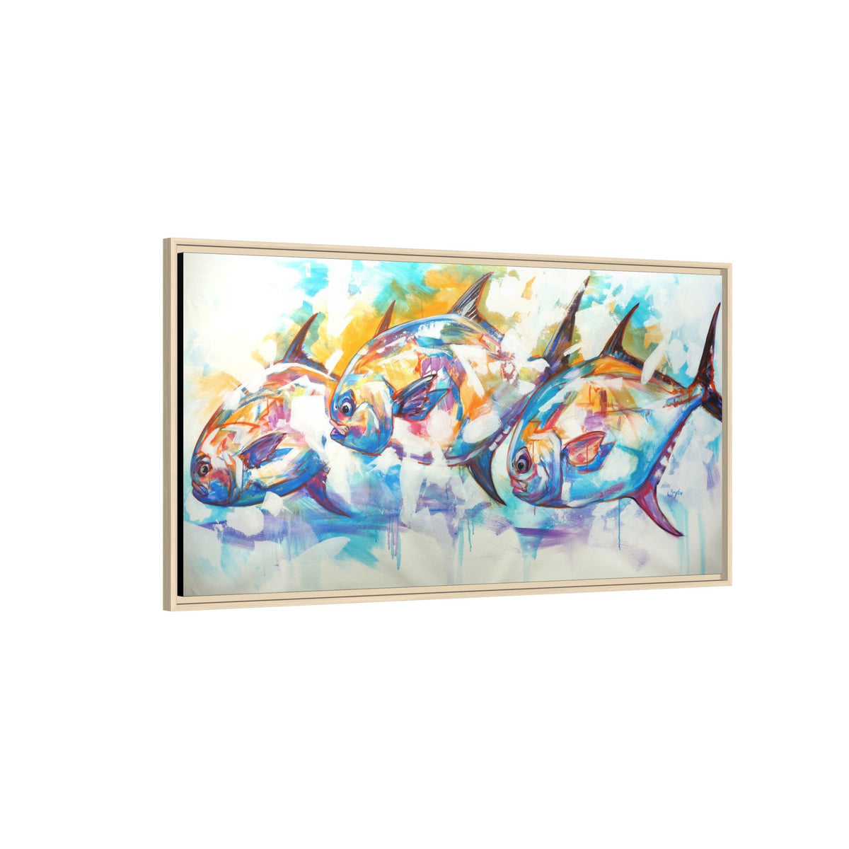 The Usual Suspects permit fish framed art print by Mike Savlen in a natural wood frame