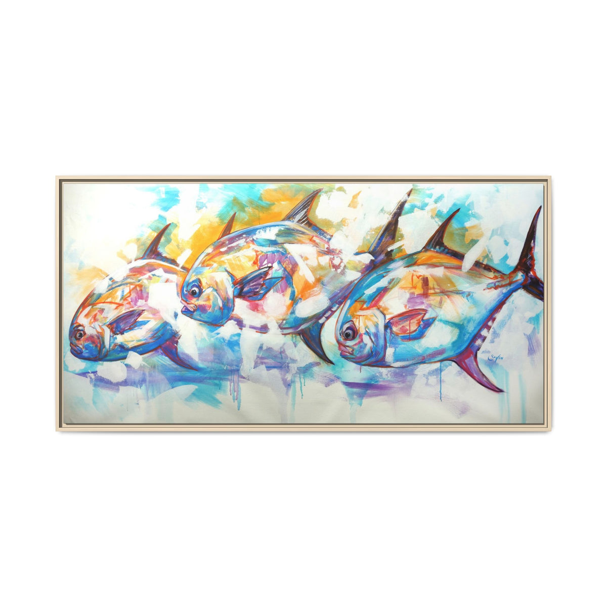 The Usual Suspects permit trio painting by Mike Savlen in an oak frame — colorful coastal decor