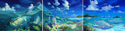 Permit, tarpon and bonefish canvas wall art set by Mike Savlen — flats grand slam painting