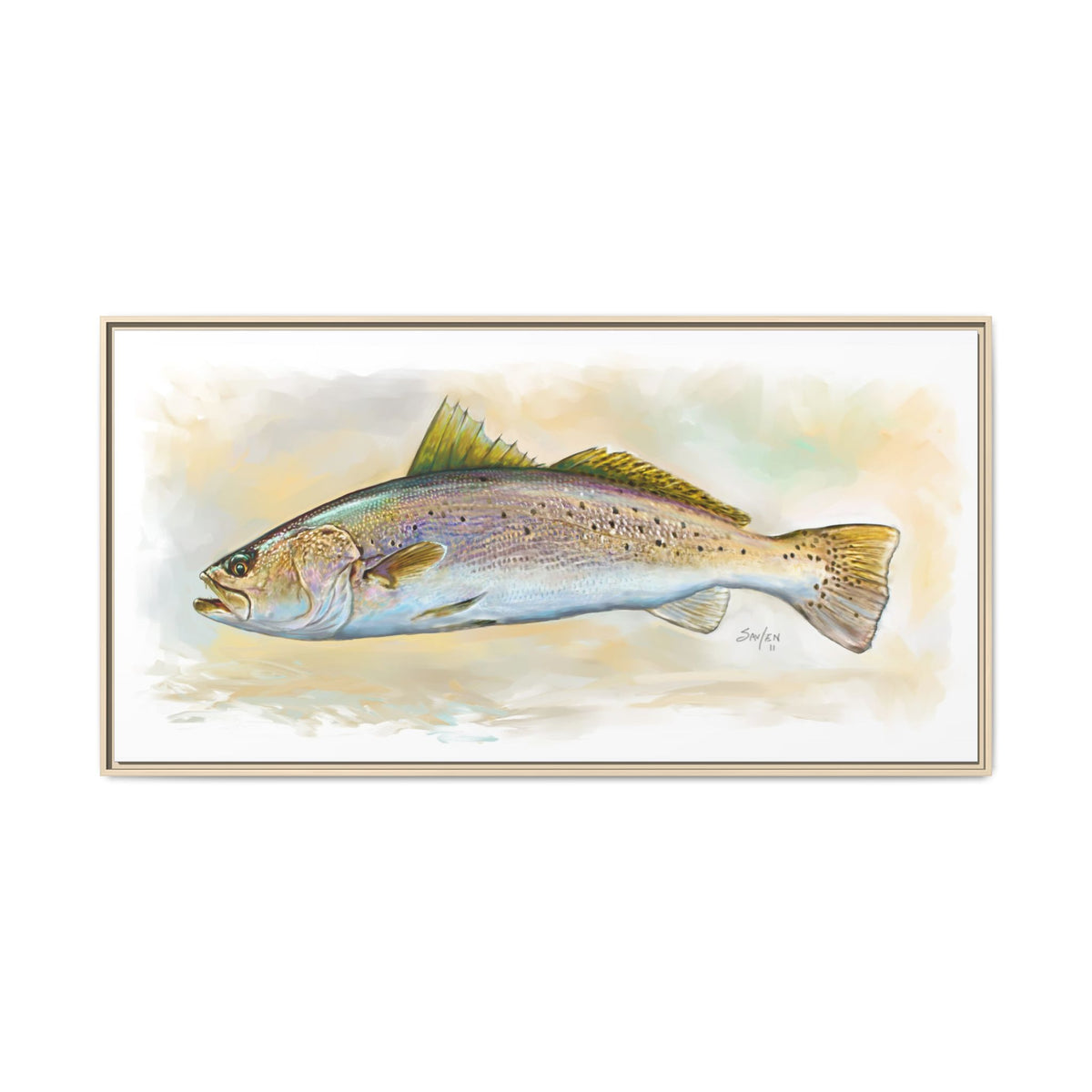 Speckled Trout Illustration framed art print by Mike Savlen, natural frame side view