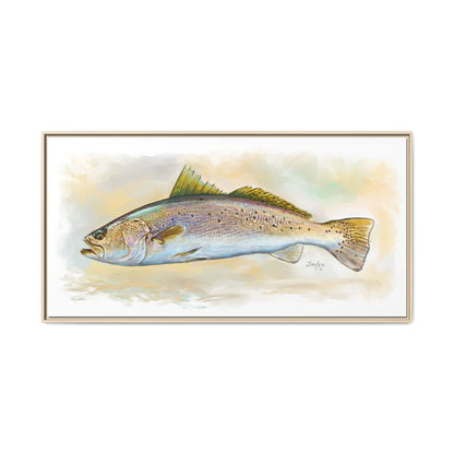 Speckled Trout Illustration framed art print by Mike Savlen, natural frame side view