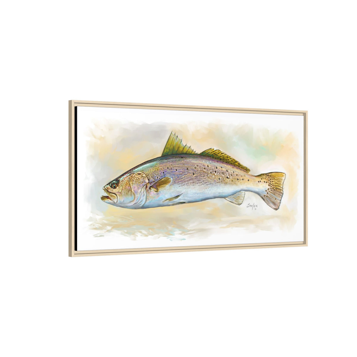Speckled Trout Illustration in a natural wood frame, close detail — inshore fishing art by Mike Savlen