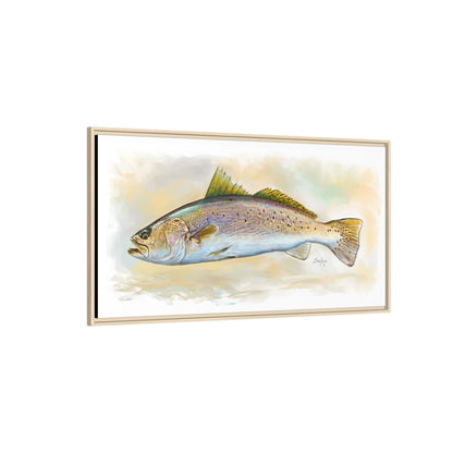 Speckled Trout Illustration in a natural wood frame, close detail — inshore fishing art by Mike Savlen