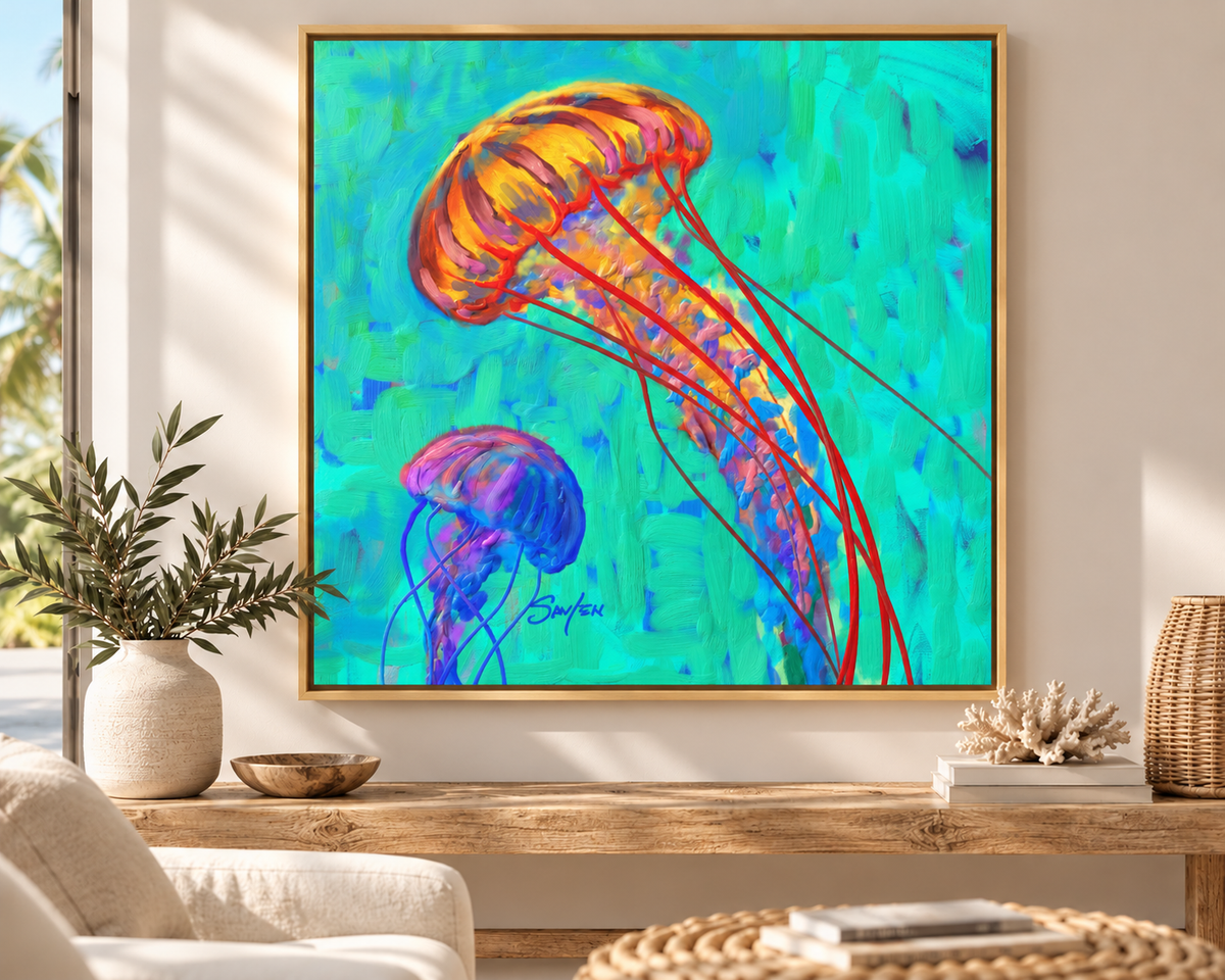 Jellyfish framed canvas art by Mike Savlen in a sunlit coastal room — colorful ocean wall art, Love My Oceans