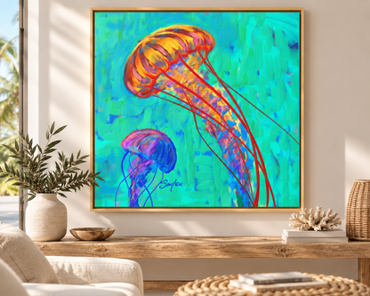 Jellyfish framed canvas art by Mike Savlen in a sunlit coastal room — colorful ocean wall art, Love My Oceans