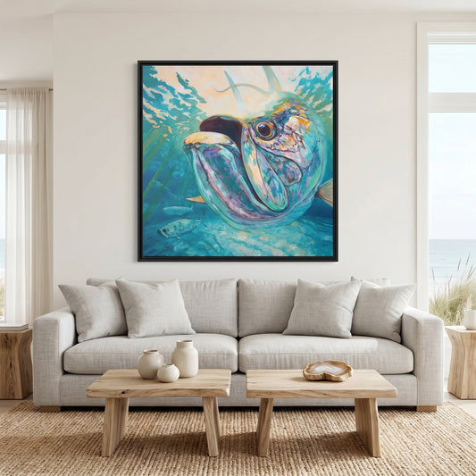 Silver & Sun tarpon art by Mike Savlen — black frame canvas print, saltwater fishing wall art, Love My Oceans