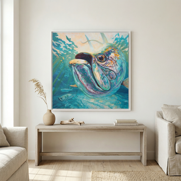 Silver & Sun tarpon painting by Mike Savlen — framed canvas print, saltwater fishing wall art, Love My Oceans