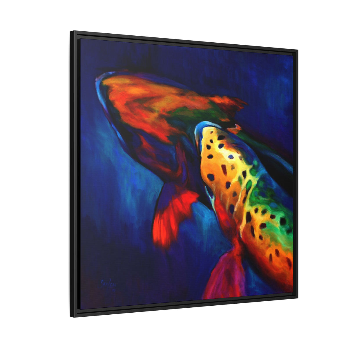 Trout Dreams framed art print, side view of the canvas and floater frame — trout wall art by Mike Savlen