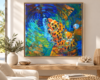 Trout Rise abstract trout art by Mike Savlen hanging in a coastal living room — Love My Oceans