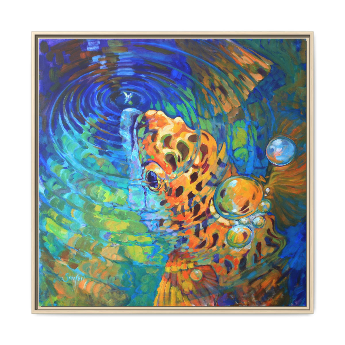 Trout Rise colorful abstract trout art print by Mike Savlen in a natural wood frame