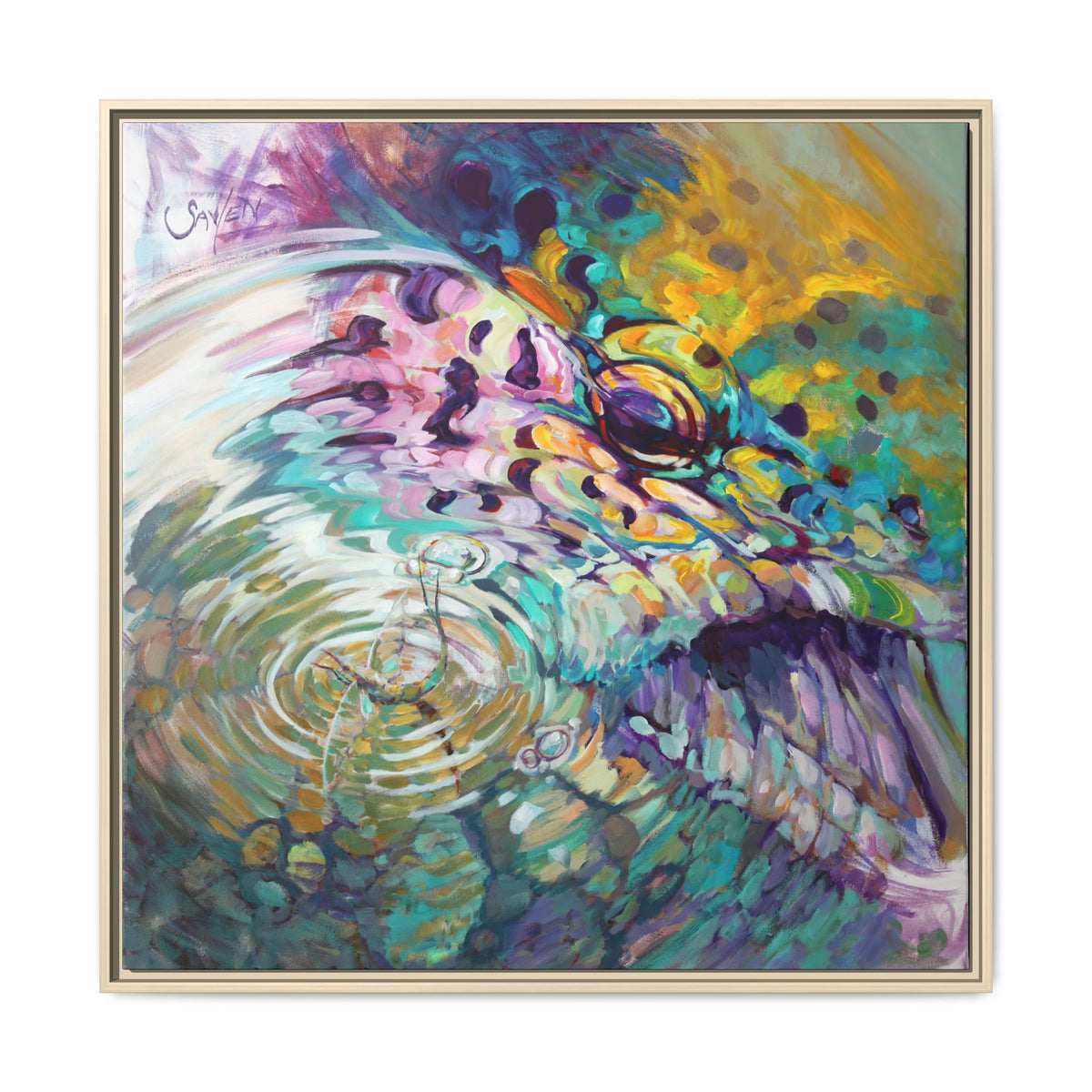 Trout and Mayfly abstract painting by Mike Savlen in a natural wood frame — fly fishing fine art print