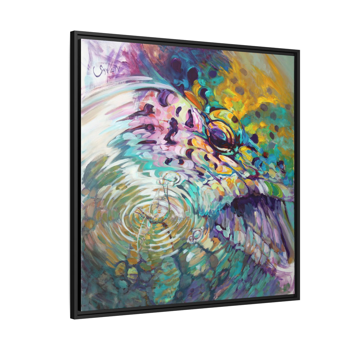 Trout and Mayfly framed art print, side detail of the canvas and floater frame — abstract trout wall art