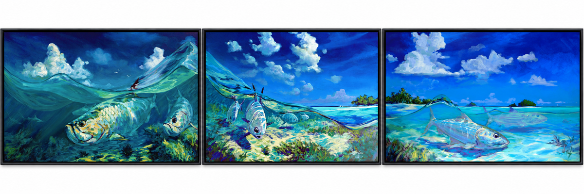 A Place I'd Rather Be three-panel fishing art hanging in a coastal home, Love My Oceans