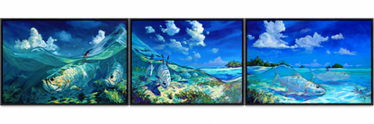 A Place I'd Rather Be three-panel fishing art hanging in a coastal home, Love My Oceans