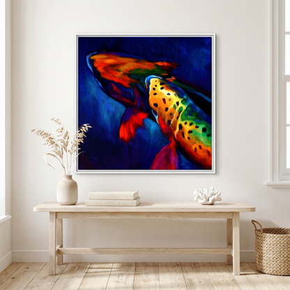 Trout Dreams painting by Mike Savlen — colorful fly fishing framed art print, trout wall art, Love My Oceans