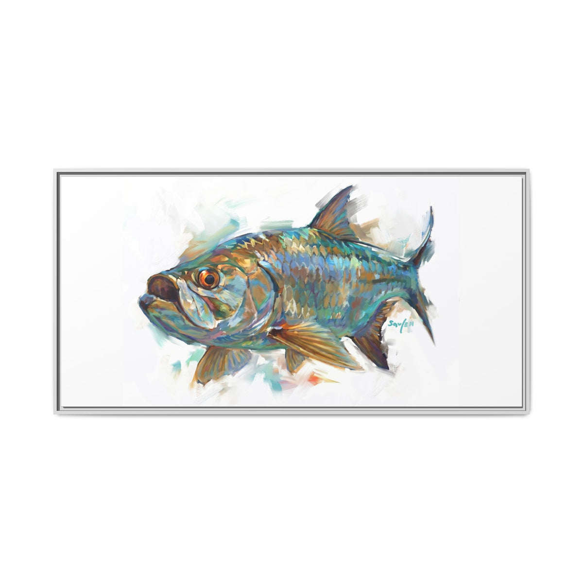 Silver tarpon art print, framed canvas reproduction of an original acrylic painting by Mike Savlen