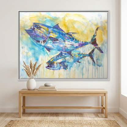 Audentes Fortuna Juvat bluefin tuna painting by Mike Savlen — offshore fishing framed art print, bold fish wall art, Love My Oceans