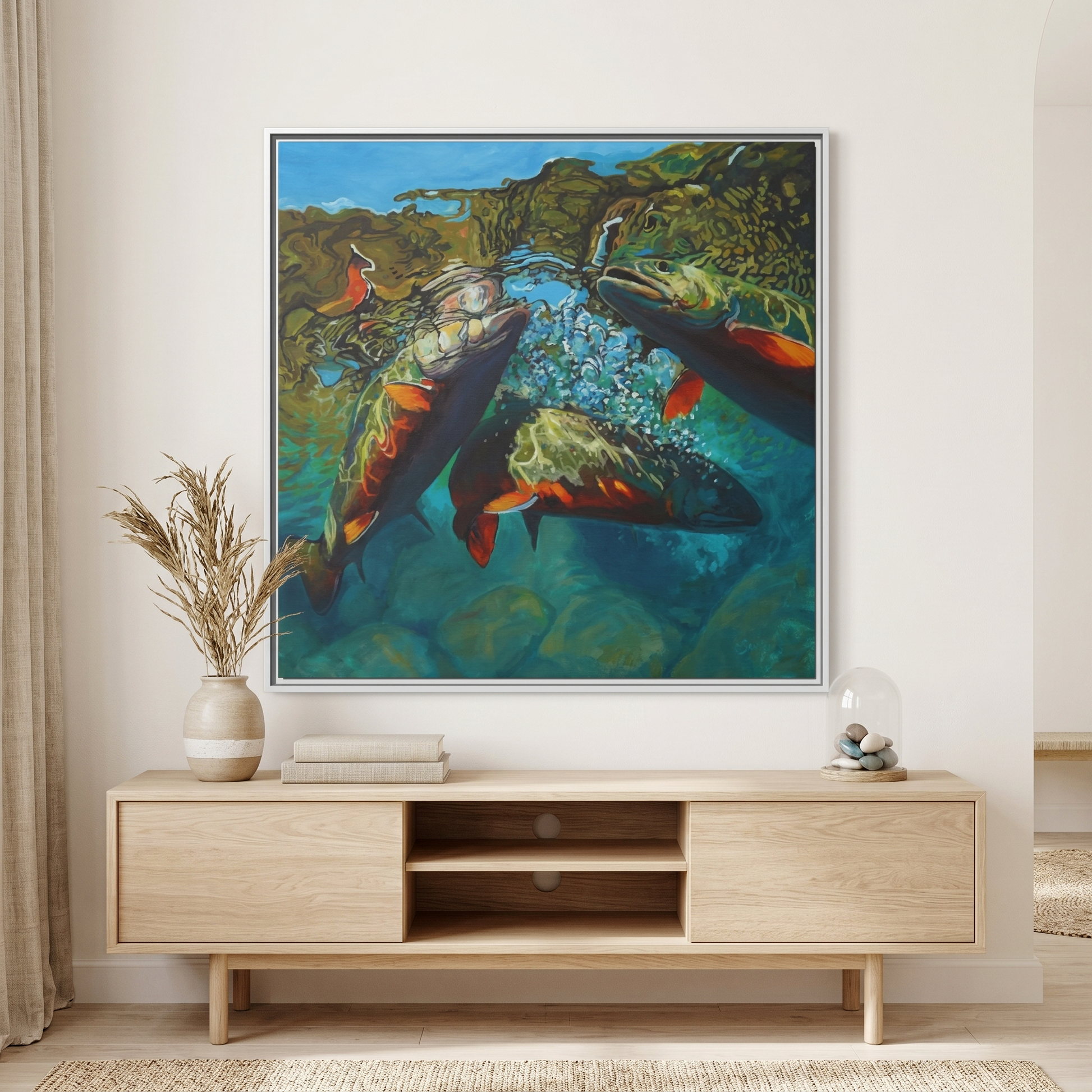 Brook Trout Melee painting by Mike Savlen — fly fishing framed wall art, freshwater fish canvas print, Love My Oceans