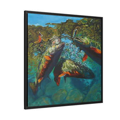 Brook Trout Melee framed fine art print, black frame side view — freshwater fish wall art by Mike Savlen