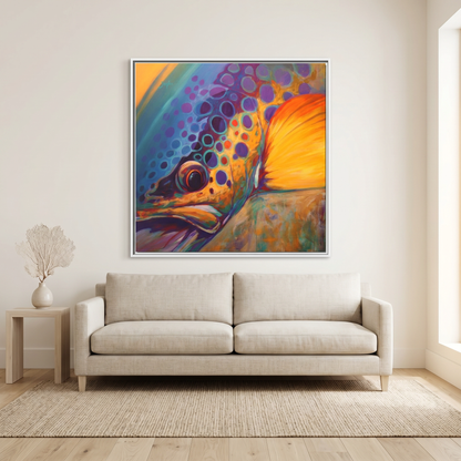 River Orchid Brown Trout painting by Mike Savlen — colorful fly fishing framed art print, freshwater wall art, Love My Oceans