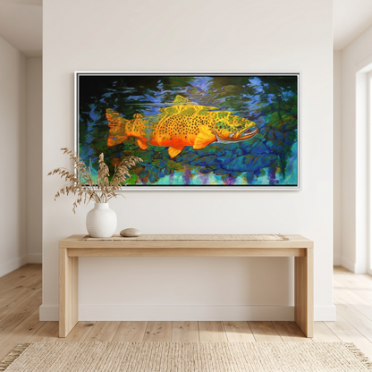 Looking Glass Brown Trout painting by Mike Savlen — fly fishing framed canvas print, freshwater fish wall art, Love My Oceans