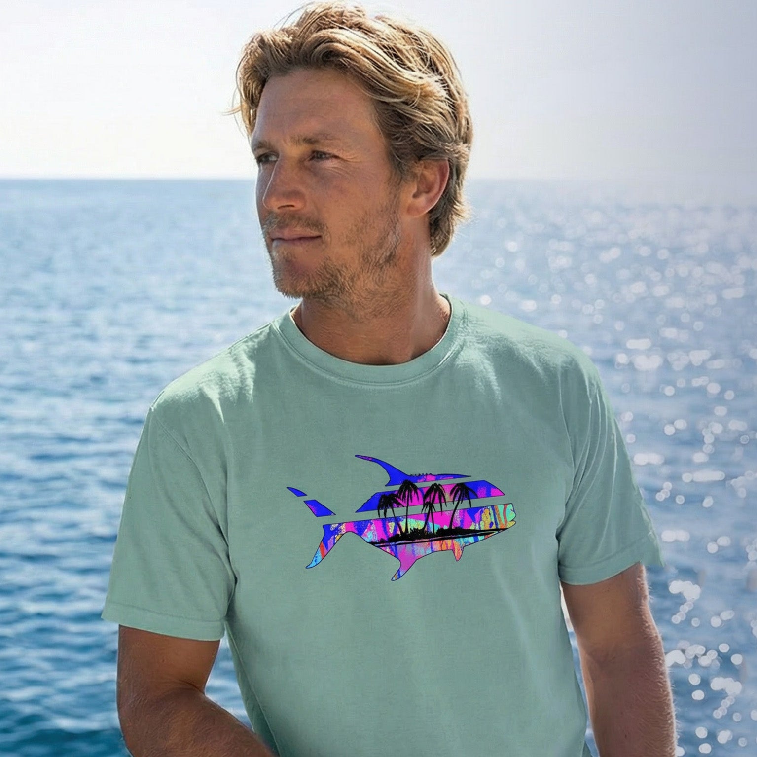 Destination Permit Tee — lifestyle photo, permit fishing shirt, coastal apparel, Love My Oceans