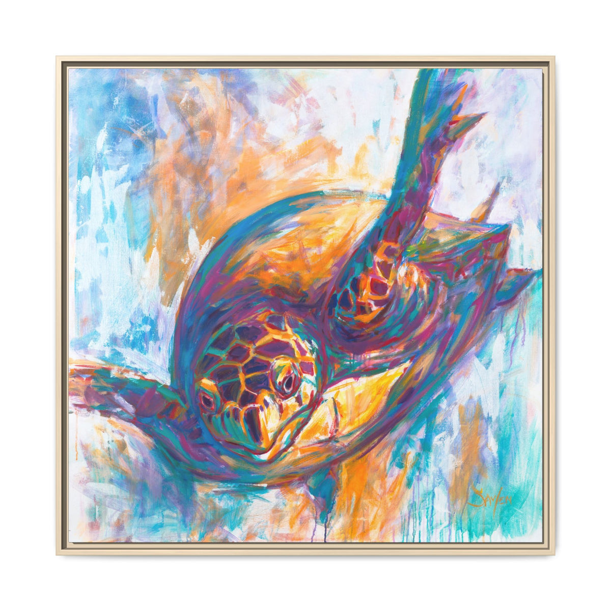 Expressionist Hawksbill turtle canvas print — ocean wildlife art for beach house decor