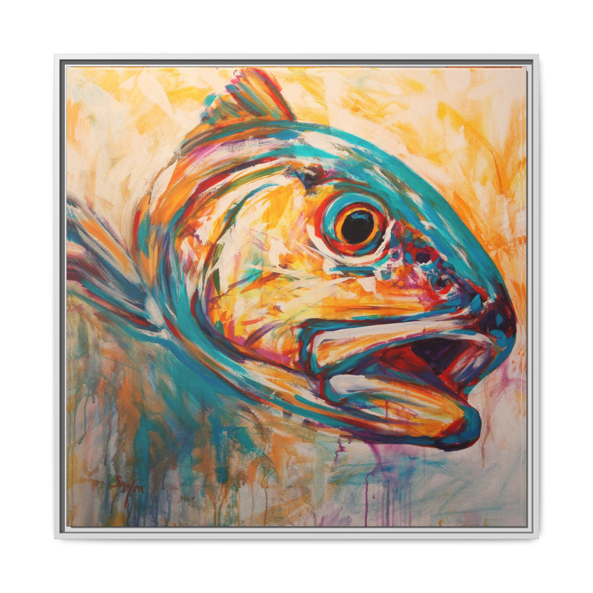 Colorful redfish art print, framed canvas reproduction of an original acrylic painting by Mike Savlen