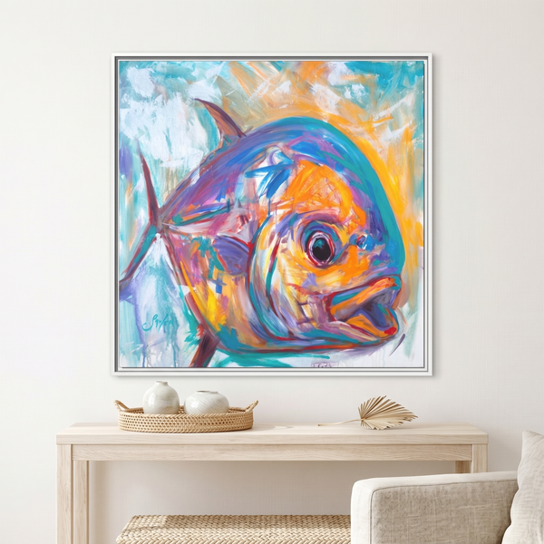 Expressionist Permit fish painting by Mike Savlen — colorful framed canvas print, flats fishing wall art, Love My Oceans