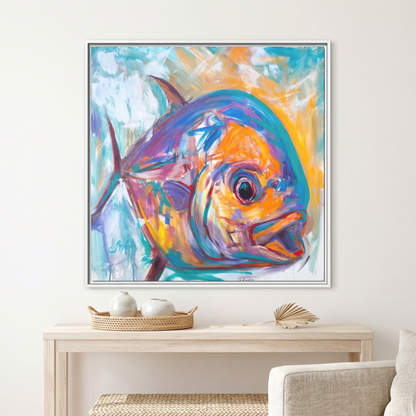 Expressionist Permit fish painting by Mike Savlen — colorful framed canvas print, flats fishing wall art, Love My Oceans