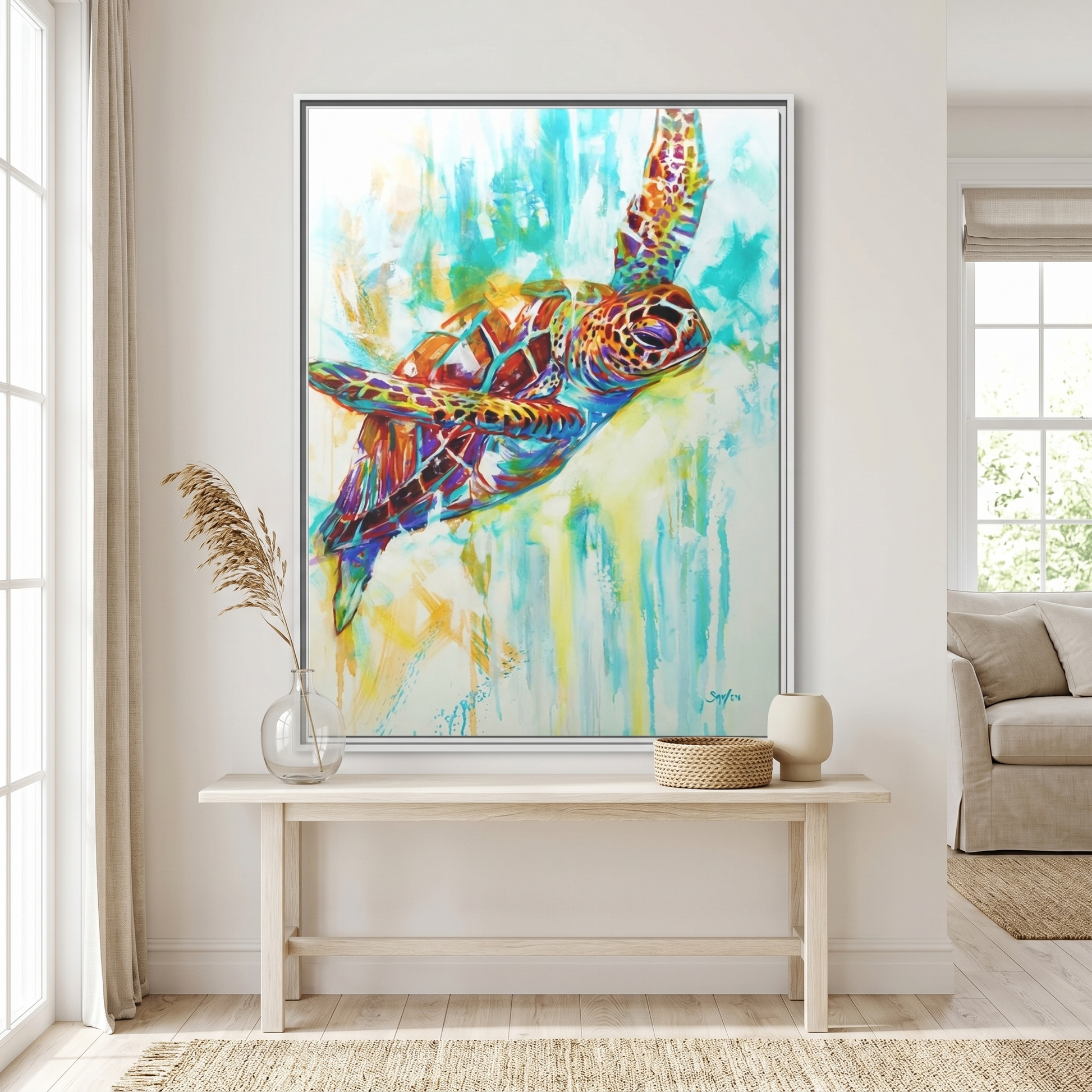 Ascension Hawksbill sea turtle painting by Mike Savlen — colorful framed art print, marine wildlife wall art, Love My Oceans