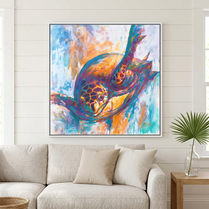 Expressionist Hawksbill sea turtle painting by Mike Savlen — colorful framed canvas print, coastal marine wall art, Love My Oceans