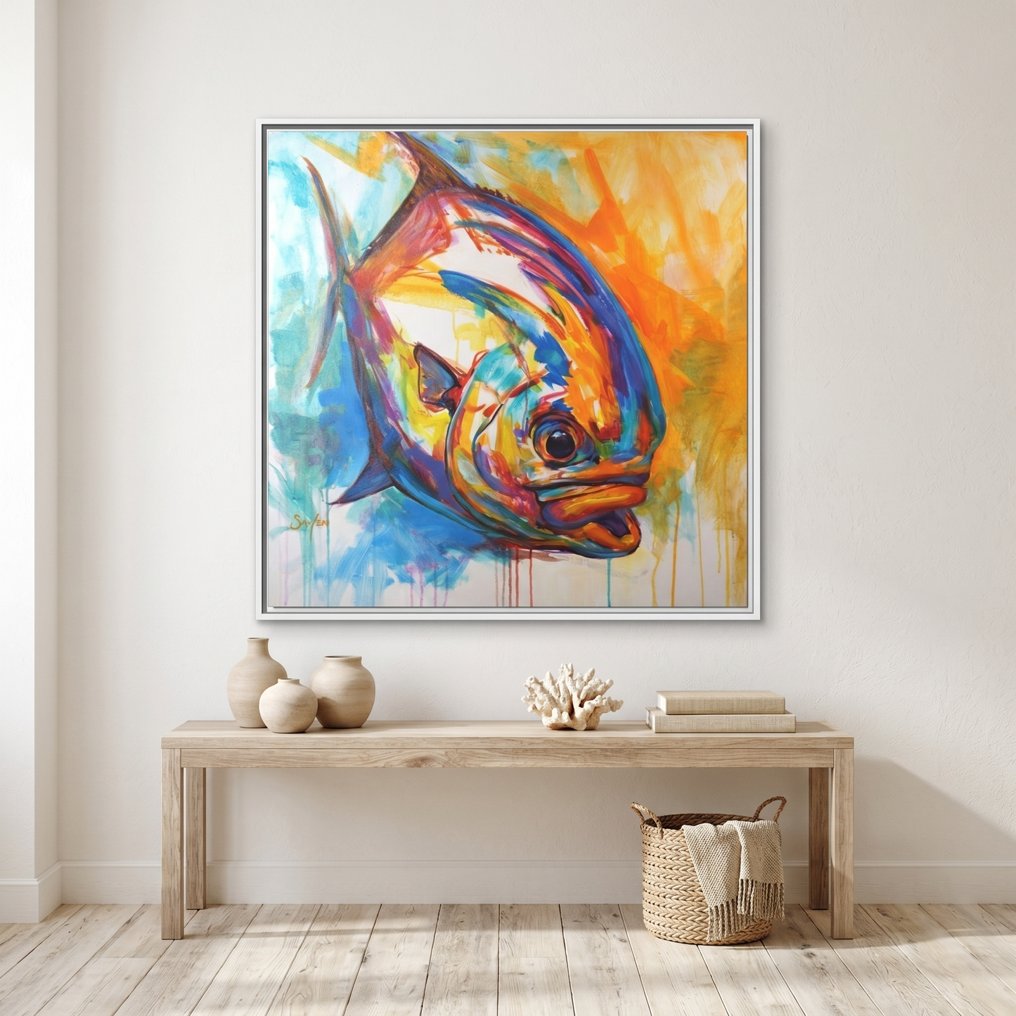 Fire Permit fish painting by Mike Savlen — colorful framed art print, flats fishing wall art, Love My Oceans