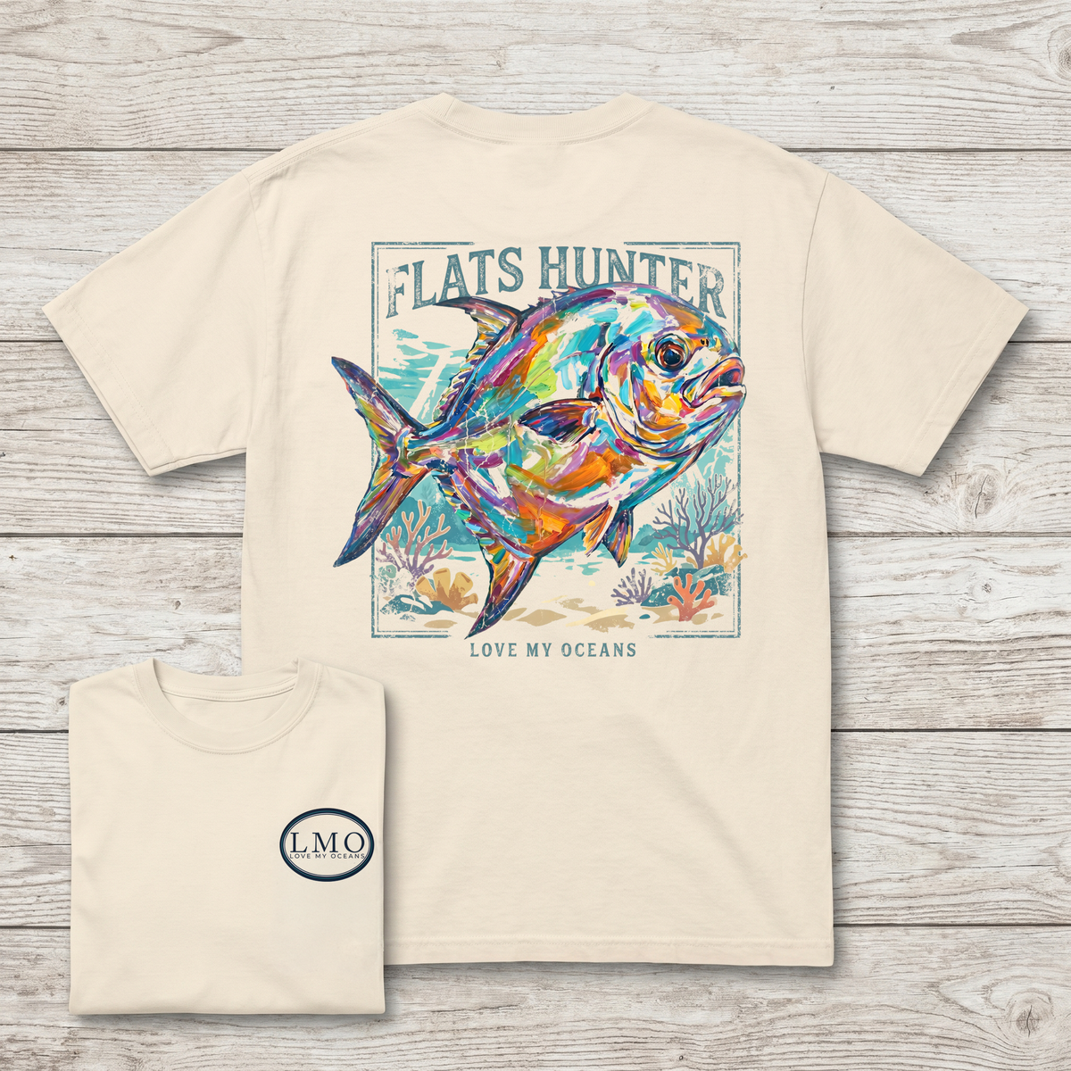 Flats Hunter back print permit fishing shirt featuring original artwork by Mike Savlen