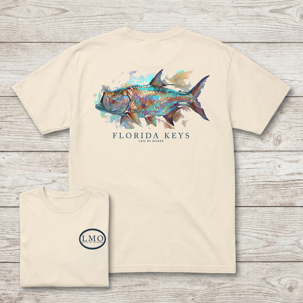 Florida Keys Tarpon back print fishing shirt featuring original tarpon artwork by Mike Savlen