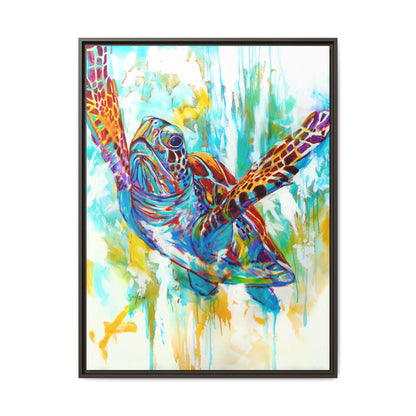 Freedom sea turtle wall art in a floater frame — coastal beach house decor