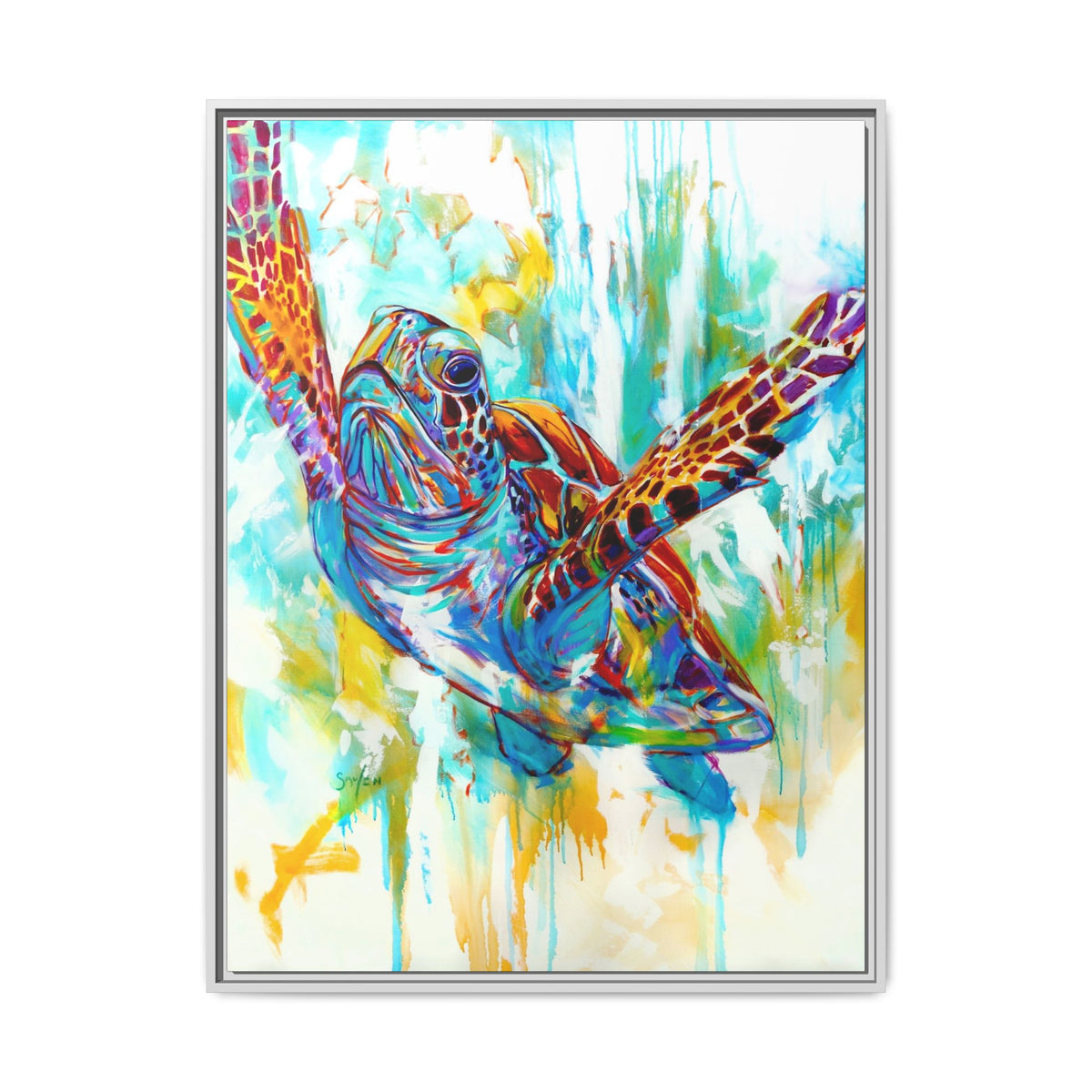 Colorful Hawksbill turtle art print, framed reproduction of an original acrylic painting by Mike Savlen
