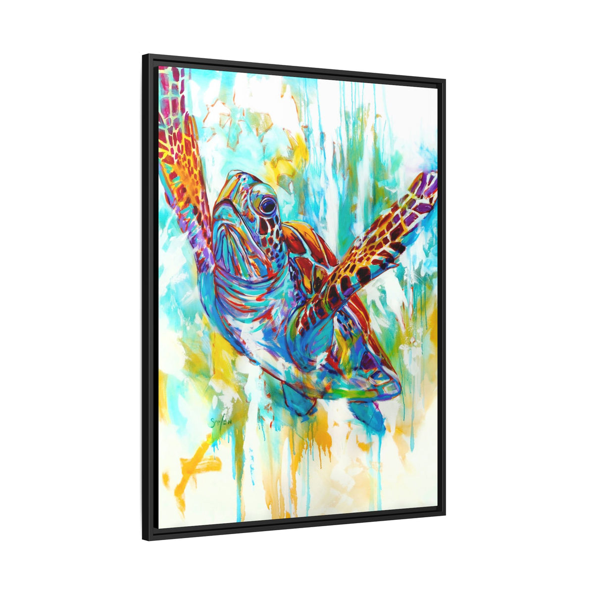 Framed Freedom Hawksbill painting print, ocean conservation wall art by Mike Savlen