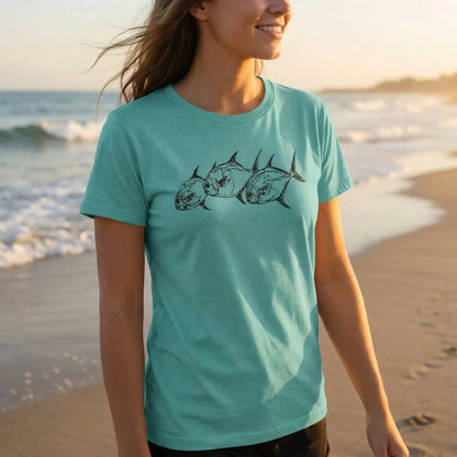 Usual Suspects Permit Trio Sketchy Tee — lifestyle photo, permit fishing shirt, Love My Oceans