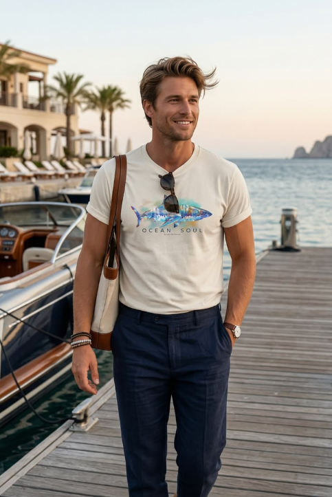 Ocean Soul Great White Tee — great white shark art graphic, coastal fishing shirt, Love My Oceans