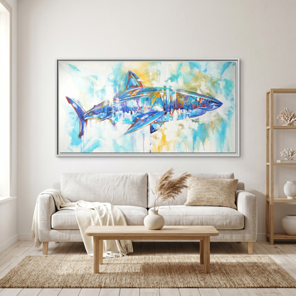 Battle Hardened great white shark painting by Mike Savlen — ocean predator framed art print, marine wildlife wall art, Love My Oceans