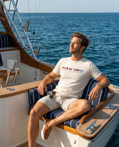 Love My Oceans Nautical Flag T-Shirt — lifestyle photo, nautical coastal apparel, Love My Oceans