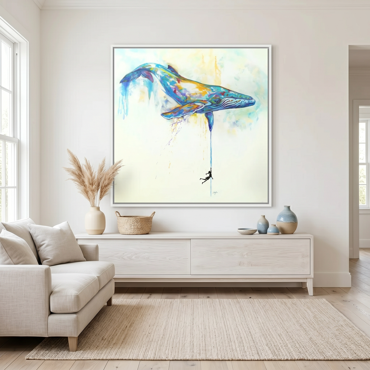 By a Thread humpback whale painting by Mike Savlen — ocean conservation framed canvas print, marine life wall art, Love My Oceans