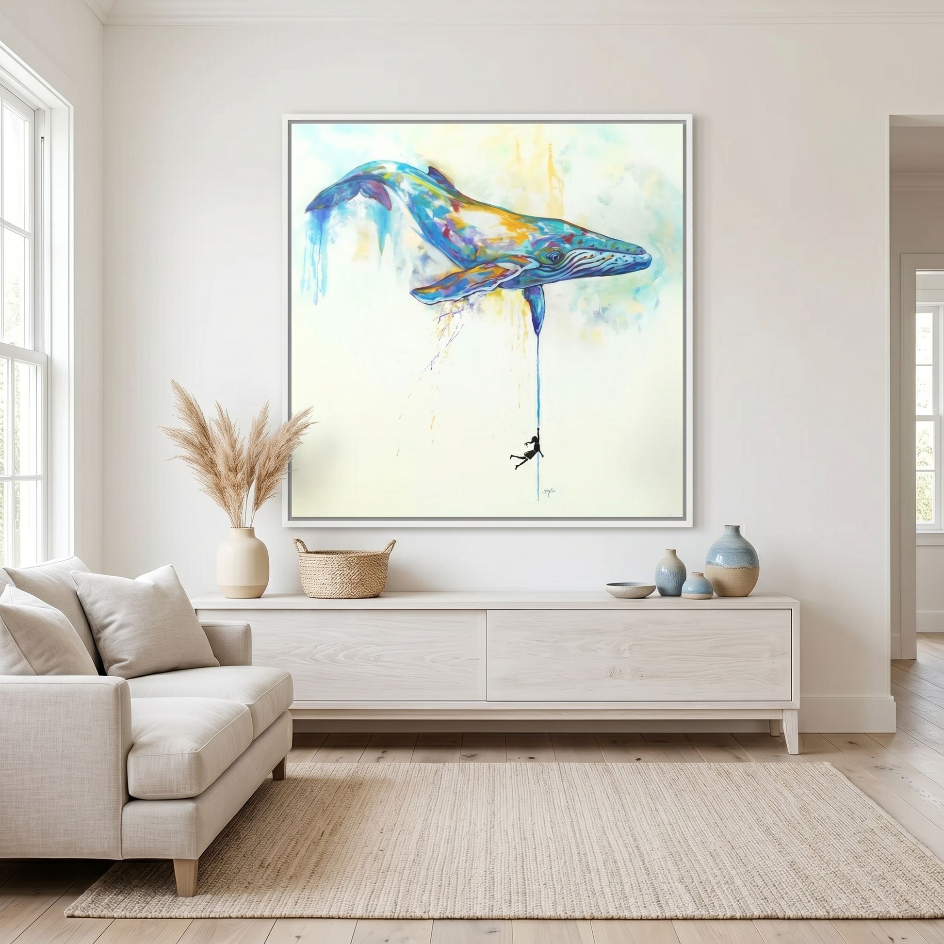 By a Thread humpback whale painting by Mike Savlen — ocean conservation framed canvas print, marine life wall art, Love My Oceans