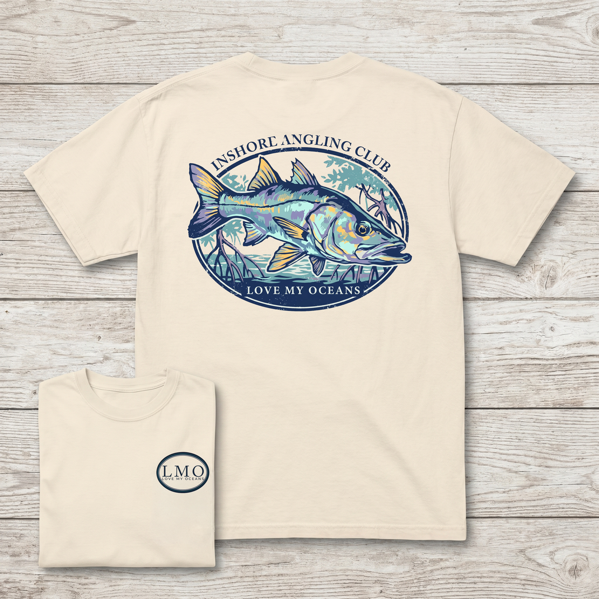 Inshore Angling Club back print snook fishing shirt with original artwork by Mike Savlen