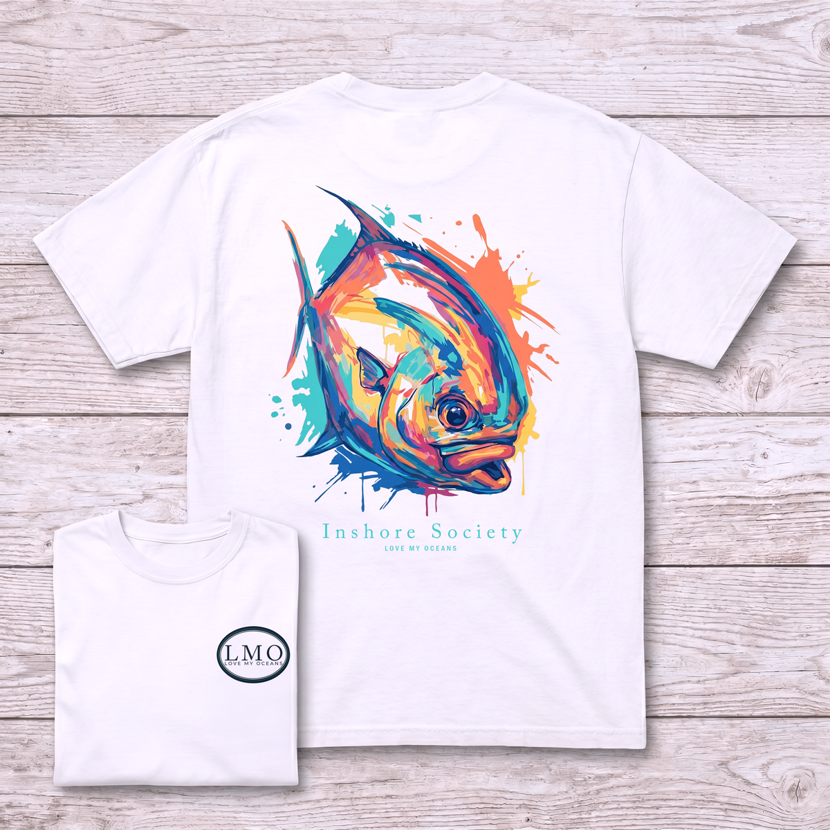Inshore Society Permit Tee with permit back print — flats fishing shirt, Love My Oceans