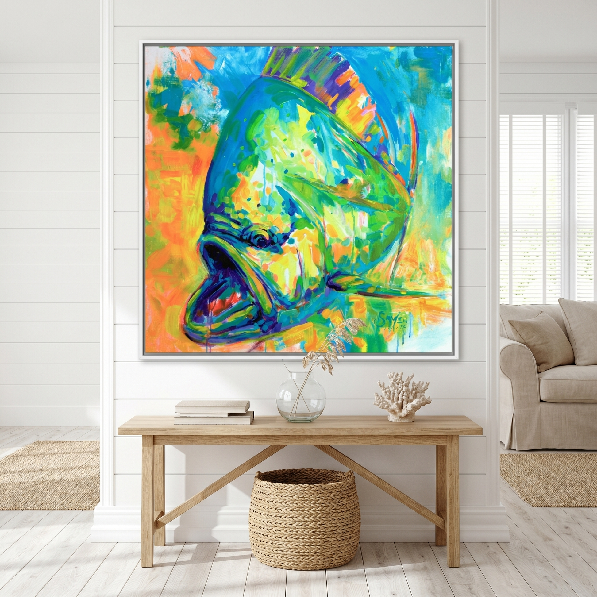 Mahi Expressionist painting by Mike Savlen — colorful offshore fishing framed canvas print, mahi-mahi wall art, Love My Oceans